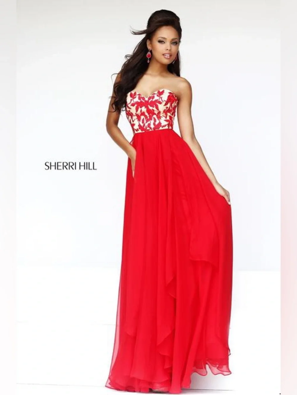 Sherri Hill Strapless Red Embroidered Gown - Picture 5 of 5
